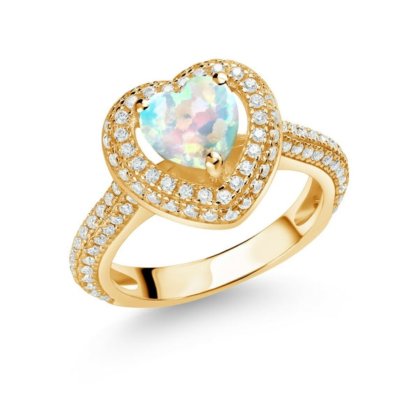 Gem Stone King 18K Yellow Gold Plated Silver White Opal and White Moissanite Heart Shape Ring for Women (1.37 Cttw, Size 7)