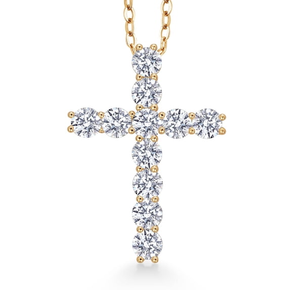 Gem Stone King 18K Yellow Gold Plated Silver White Round Moissanite Cross Pendant Necklace for Women | 1.76 Cttw | With 18 inch Silver Chain | 1 inch | Fine Jewelry Gifts for Women Mom Wife Her