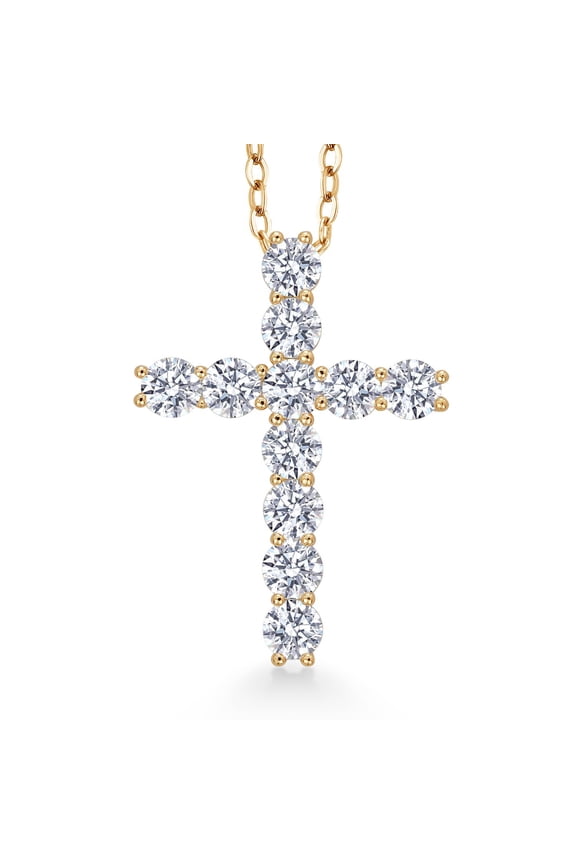 18K Yellow Gold Plated Silver White Round Moissanite Cross Pendant Necklace for Women | 1.76 Cttw | With 18 inch Silver Chain | 1 inch | Fine Jewelry Gifts for Women Mom Wife Her