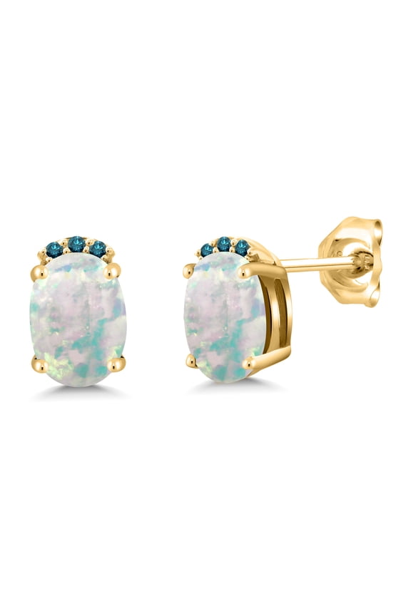 18K Yellow Gold Plated Silver White Simulated Opal and Blue Diamond Stud Earrings for Women (2.07 Cttw, Gemstone October Birthstone, Oval Cabochon 7X5MM)