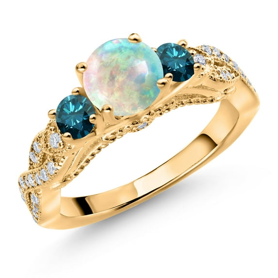 18K Yellow Gold Plated Silver White Simulated Opal Blue Diamond and White Moissanite Engagement Ring for Women (0.77 Ct, Gemstone October Birthstone, Round Cabochon 6MM and 3MM, Size 6)