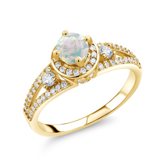 Gem Stone King 18K Yellow Gold Plated Silver White Simulated Opal Engagement Ring for Women (1.44 Cttw, Round Cabochon 5MM, Gemstone October Birthstone, Size 6)