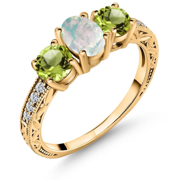 Gem Stone King 18K Yellow Gold Plated Silver White Simulated Opal and Green Peridot Ring for Women (2.25 Cttw, Oval Cabochon Cut, Gemstone Birthstone, Available in Size 5, 6, 7, 8, 9)