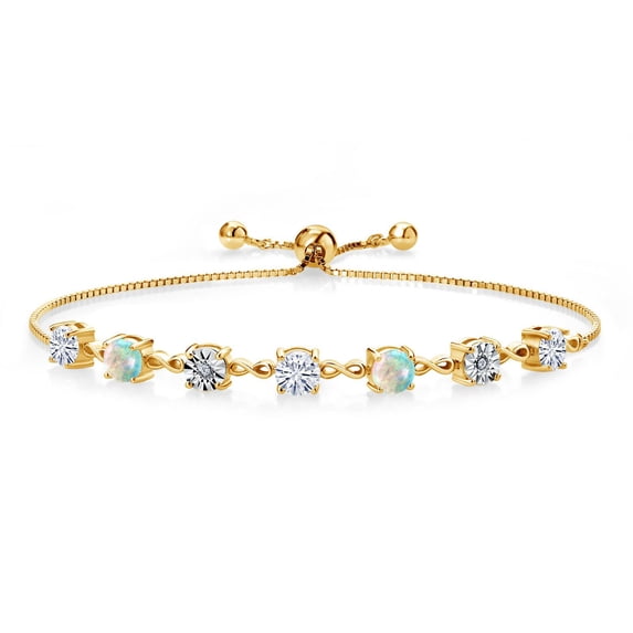Gem Stone King 18K Yellow Gold Plated Silver White Simulated Opal Lab Grown Diamond Tennis Bracelet for Women Set with Moissanite (2.51 Cttw, Fully Adjustable up to 9 inch)