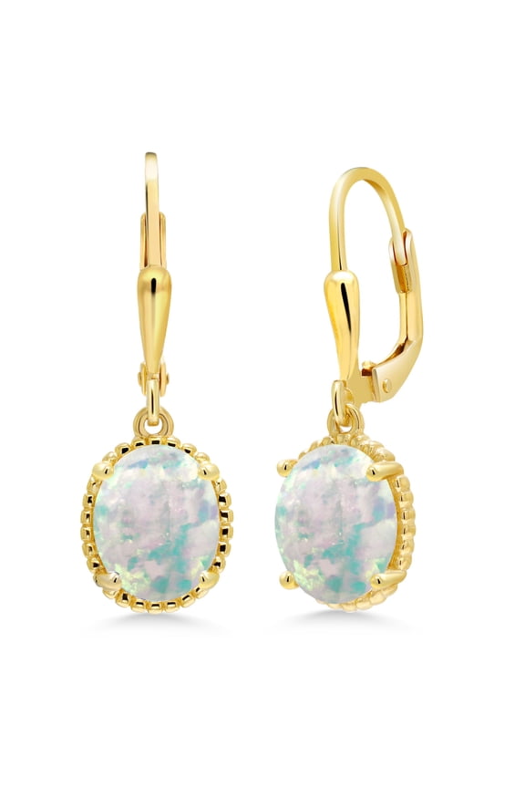 18K Yellow Gold Plated Silver White Simulated Opal Leverback Dangle Earrings for Women (1.20 Cttw, Gemstone October Birthstone, Oval Cabochon 9X7MM)