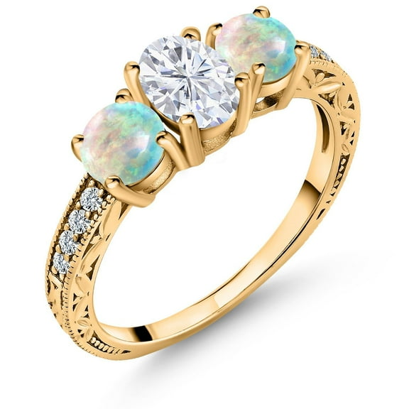 Gem Stone King 18K Yellow Gold Plated Silver White Simulated Opal Ring Set with Moissanite (2.02 Cttw) (Size 9)