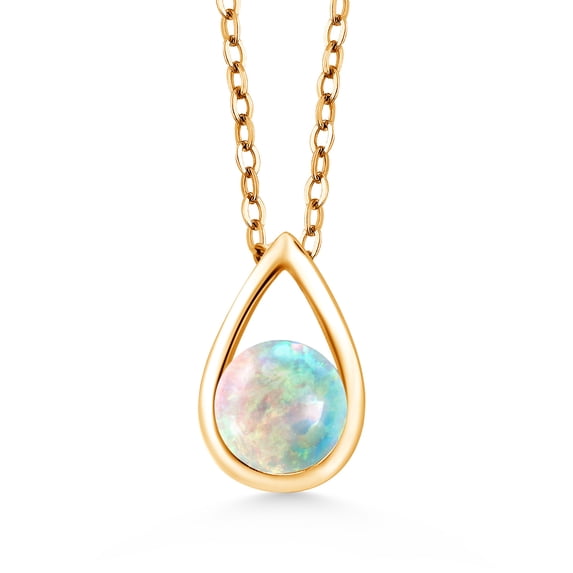 Gem Stone King 18K Yellow Gold Plated Silver White Simulated Opal Teardrop Pendant Necklace for Women (0.50 Cttw, Gemstone October Birthstone, Round Cabochon 5MM, with 18 inch Silver Chain)