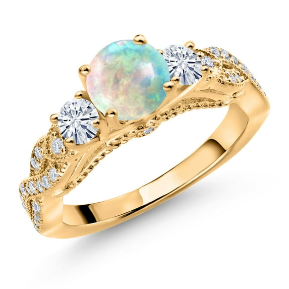 Gem Stone King 18K Yellow Gold Plated Silver White Simulated Opal and White Moissanite Engagement Ring for Women (0.77 Cttw, Gemstone October Birthstone, Round Cabochon 6MM and 3MM, Size 7)
