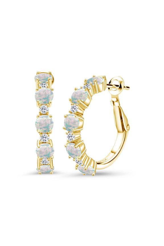 18K Yellow Gold Plated Silver White Simulated Opal and White Topaz Hoop Earrings for Women (2.82 Cttw, Round 4MM and 1.9MM, Gemstone Birthstone 1 inch Diameter)