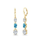 Gem Stone King 18K Yellow Gold Plated Silver White Topaz 3 Stone Dangle Earrings for Women (6.20 Cttw, Gemstone November Birthstone, Oval 8X6MM, 7X5MM and 6X4MM)
