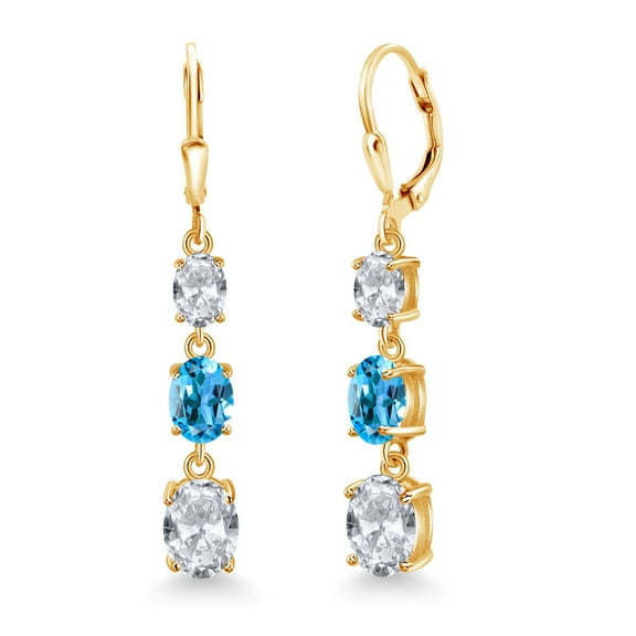 Gem Stone King 18K Yellow Gold Plated Silver White Topaz 3 Stone Dangle Earrings for Women (6.20 Cttw, Gemstone November Birthstone, Oval 8X6MM, 7X5MM and 6X4MM)