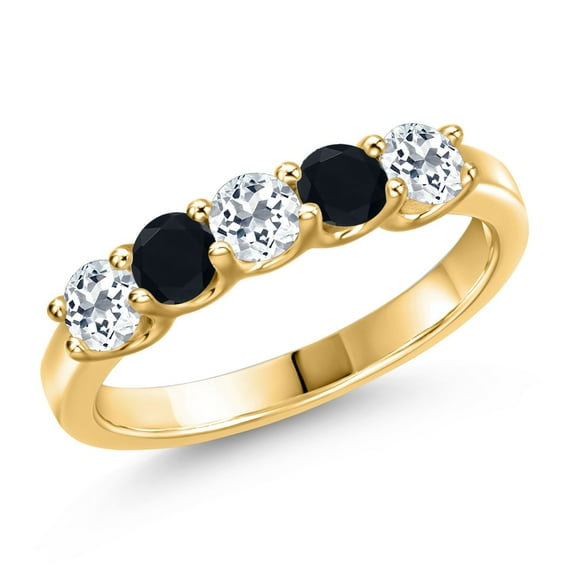Gem Stone King 18K Yellow Gold Plated Silver White Topaz and Black Onyx Wedding-Bands Ring for Women | 0.91 Cttw | Round 3.5MM | Gemstone November Birthstone | Size 9