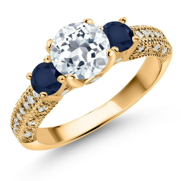 Gem Stone King 18K Yellow Gold Plated Silver White Topaz Blue Sapphire and White Moissanite Engagement Ring for Women (2.43 Cttw, Gemstone November Birthstone, Round 7MM and 4MM, Size 9)
