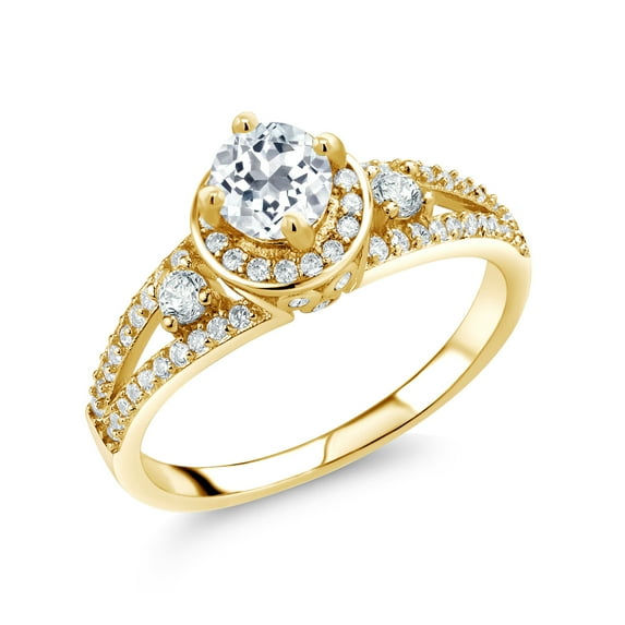 Gem Stone King 18K Yellow Gold Plated Silver White Topaz Engagement Ring for Women (1.54 Cttw, Round 5MM, Gemstone November Birthstone, Size 6)