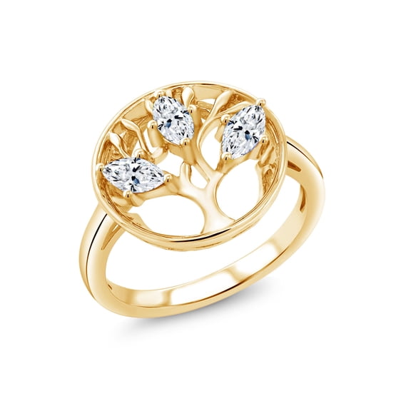 Gem Stone King 18K Yellow Gold Plated Silver White Zirconia Family Tree of Life Ring for Women (0.72 Cttw, Gemstone, Size 8)