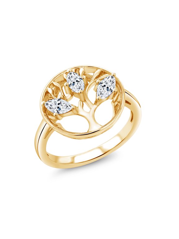 18K Yellow Gold Plated Silver White Zirconia Family Tree of Life Ring for Women (0.72 Cttw, Gemstone, Size 8)