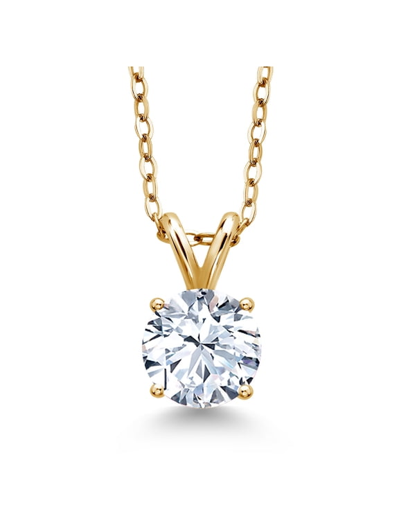 18K Yellow Gold Plated Silver White Zirconia Solitaire Pendant Necklace for Women (2.00 Cttw, Round 8MM, With 18 inch Chain)