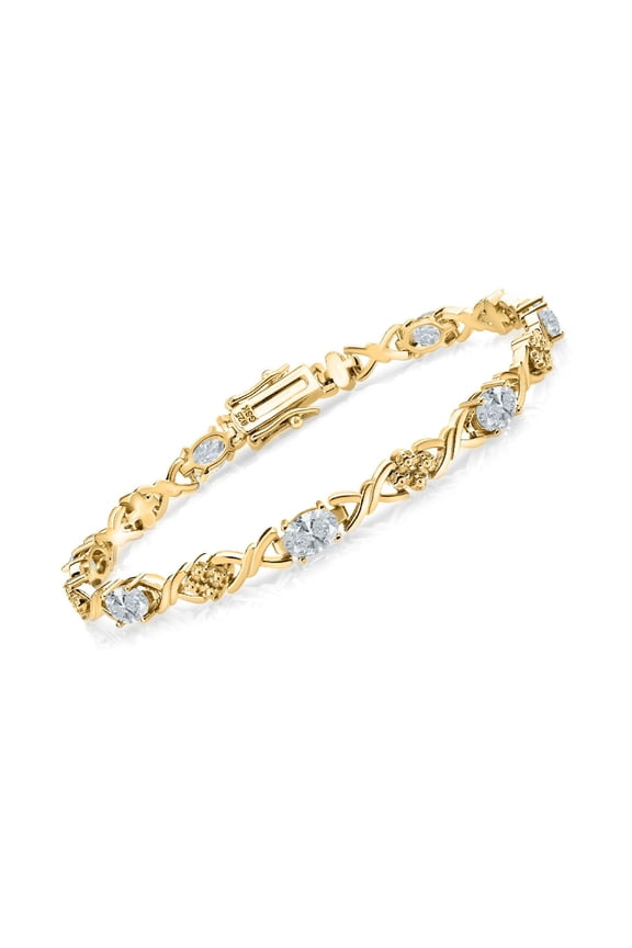 18K Yellow Gold Plated Silver White Zirconia Tennis Bracelet for Women (3.01 Cttw, Gemstone Birthstone, Oval 6X4MM, 7 inch)
