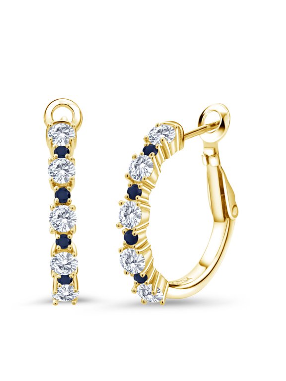 1.34 Ct G/H Lab Grown Diamond Blue Sapphire 18K Yellow Gold Plated Silver Earrings