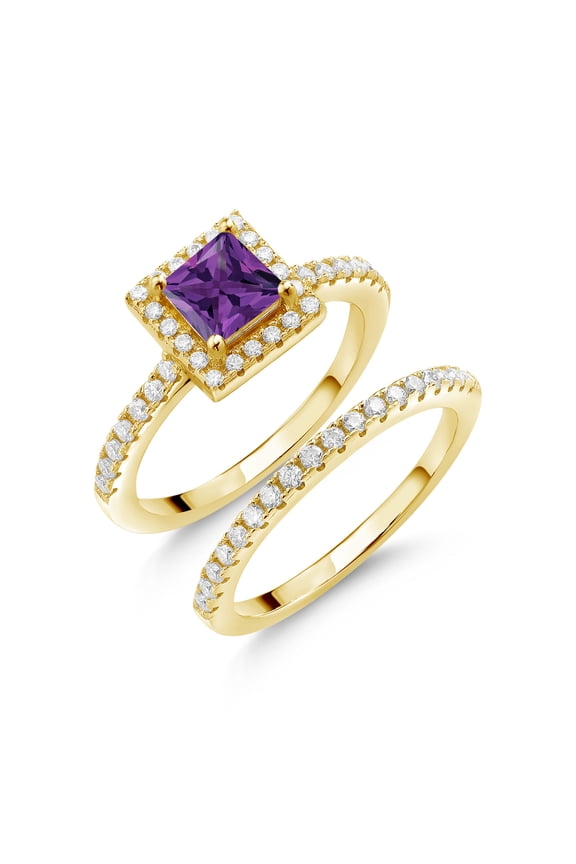 18K Yellow Gold Plated Silver Women Wedding Engagement Ring Band Bridal Set Princess Purple Amethyst and Moissanite 1.21cttw