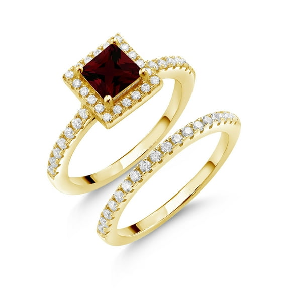 Gem Stone King 18K Yellow Gold Plated Silver Women Wedding Engagement Ring Band Bridal Set Princess Red Garnet and Moissanite 1.48cttw