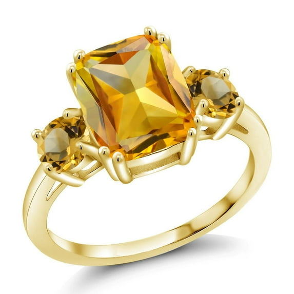 Gem Stone King 18K Yellow Gold Plated Silver Yellow Citrine 3 Stone Ring for Women (3.48 Cttw, Cushion Cut 10X8MM, Round 4.5MM, Gemstone, Size 8)