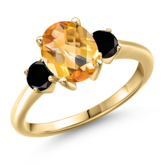 Gem Stone King 18K Yellow Gold Plated Silver Yellow Citrine and Black Diamond Engagement Ring for Women | 2.19 Cttw | Oval Checkerboard 9X7MM | Gemstone November Birthstone | Size 8