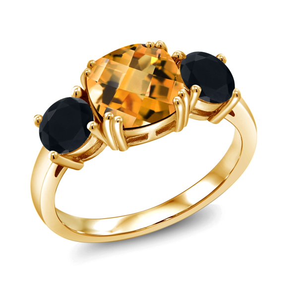Gem Stone King 18K Yellow Gold Plated Silver Yellow Citrine and Black Onyx 3 Stone Engagement Ring for Women (4.10 Cttw, Gemstone November Birthstone, Cushion Checkerboard 8MM, Size 5)