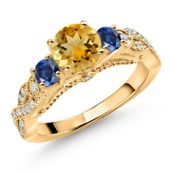 Gem Stone King 18K Yellow Gold Plated Silver Yellow Citrine Blue Created Sapphire and White Moissanite Engagement Ring for Women | 1.35 Cttw | Gemstone Birthstone | Round 6MM and 3MM | Size 6