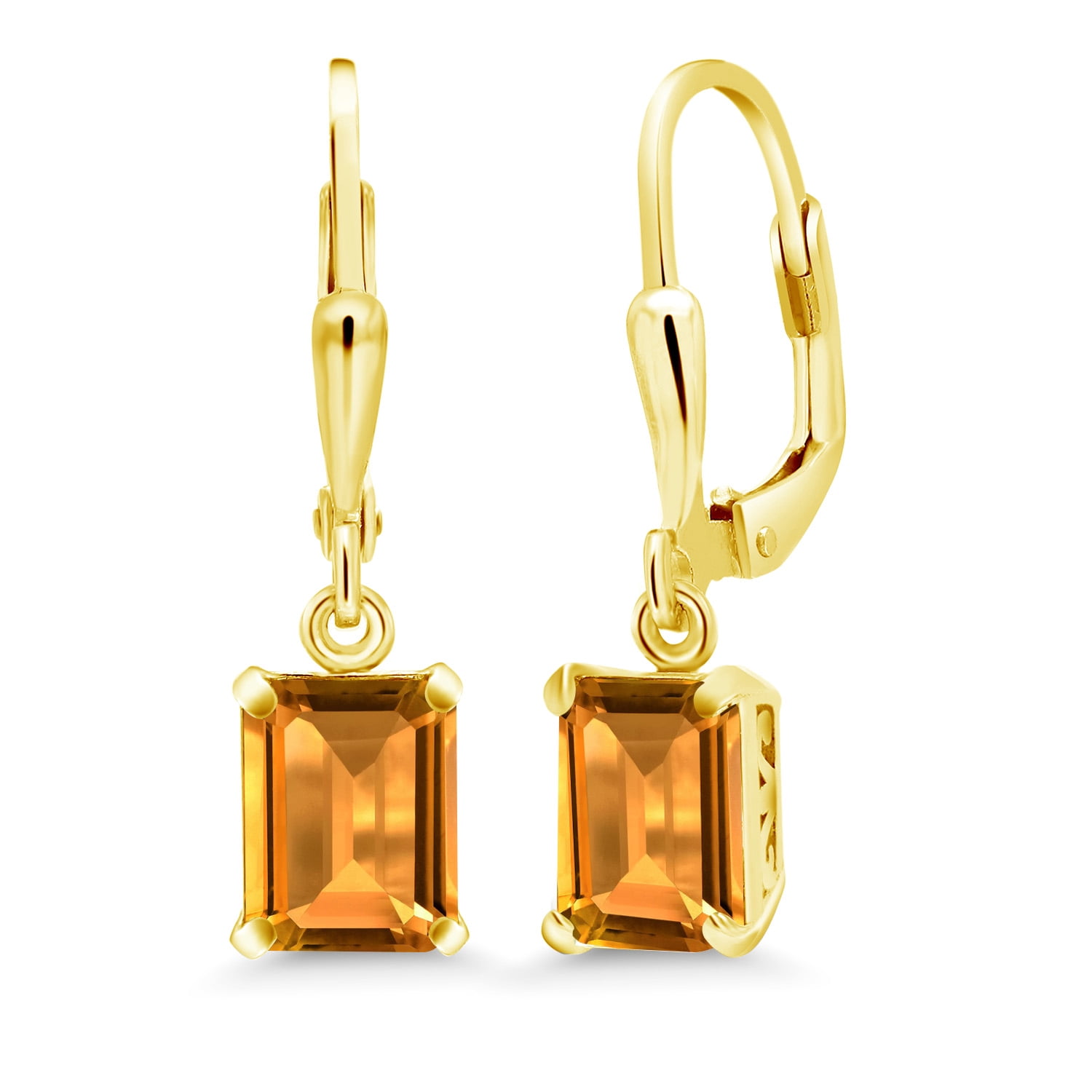 Gem Stone King 18K Yellow Gold Plated Silver Yellow Citrine Dangle Earrings for Women (3.30 Cttw, Gemstone November Birthstone, Emerald Cut 8X6MM)