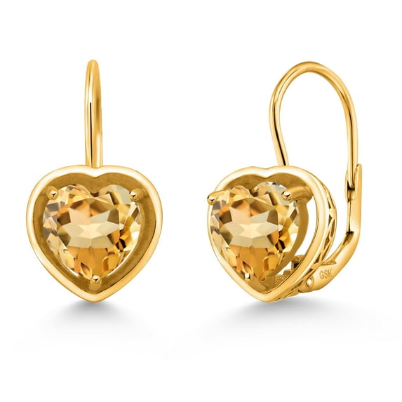 Gem Stone King 18K Yellow Gold Plated Silver Yellow Citrine Dangle Leverback Earrings for Women (2.00 Cttw, Heart Shape 7MM)