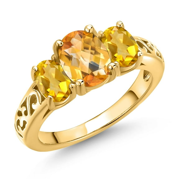 Gem Stone King 18K Yellow Gold Plated Silver Yellow Citrine Filigree Style 3 Stone Ring for Women (2.15 Cttw, Oval 8X6MM and 6X4MM, Size 6)