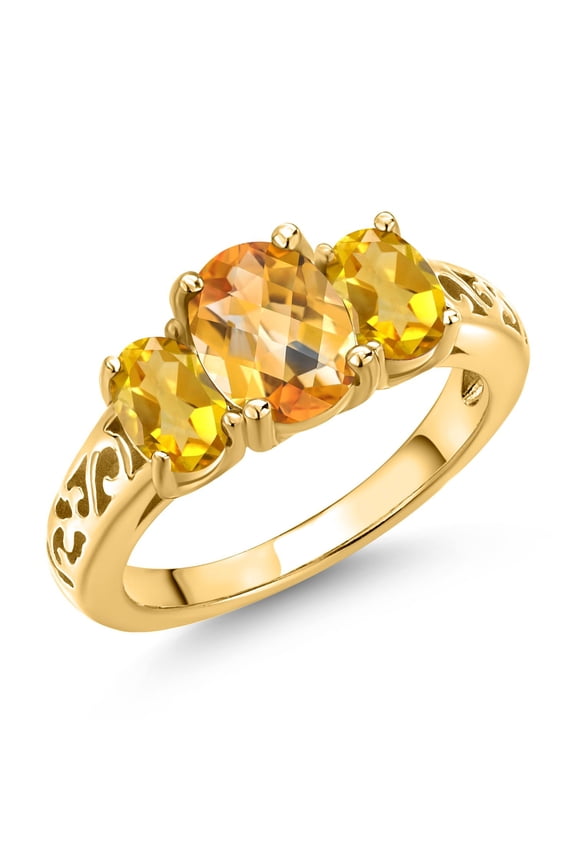 18K Yellow Gold Plated Silver Yellow Citrine Filigree Style 3 Stone Ring for Women (2.15 Cttw, Oval 8X6MM and 6X4MM, Size 6)