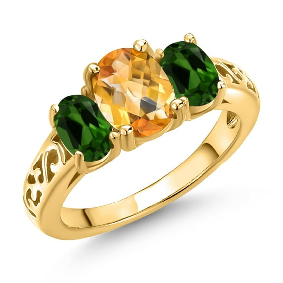 Gem Stone King 18K Yellow Gold Plated Silver Yellow Citrine and Green Chrome Diopside Filigree Style 3 Stone Ring for Women (2.35 Cttw, Oval 8X6MM and 6X4MM) (Size 8)