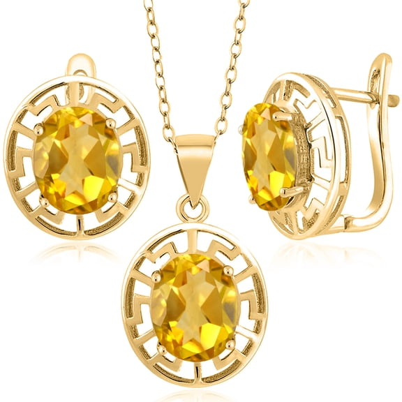 Gem Stone King 18K Yellow Gold Plated Silver Yellow Citrine Pendant and Earrings Jewelry Set for Women | 7.20 Cttw | Gemstone November Birthstone | Oval 10X8MM | With 18 inch Chain