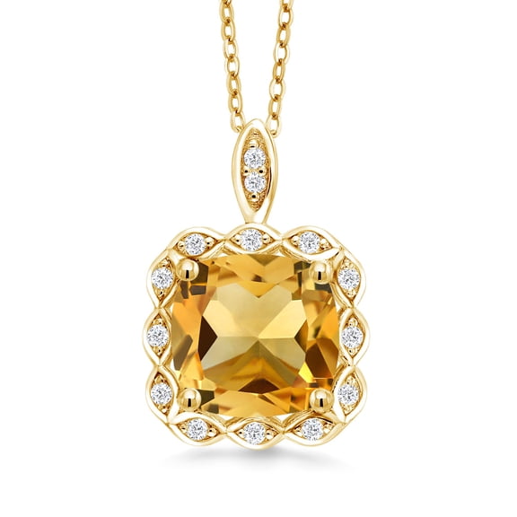 Gem Stone King 18K Yellow Gold Plated Silver Yellow Citrine Pendant Necklace for Women (3.74 Cttw, Cushion Checkerboard 10MM, Gemstone Birthstone, with 18 inch Silver Chain)