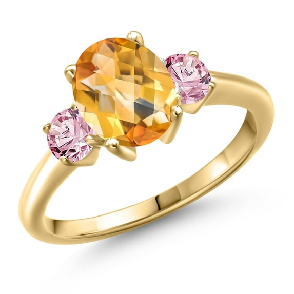 Gem Stone King 18K Yellow Gold Plated Silver Yellow Citrine and Pink Lab Grown Diamond Engagement Ring for Women | 2.15 Cttw | Oval Checkerboard 9X7MM | Gemstone November Birthstone | Size 7