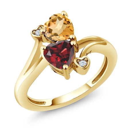Gem Stone King 18K Yellow Gold Plated Silver Yellow Citrine Red Garnet Ring for Women (1.63 Cttw, Heart Shape 6MM, Gemstone November Birthstone, Size 6)