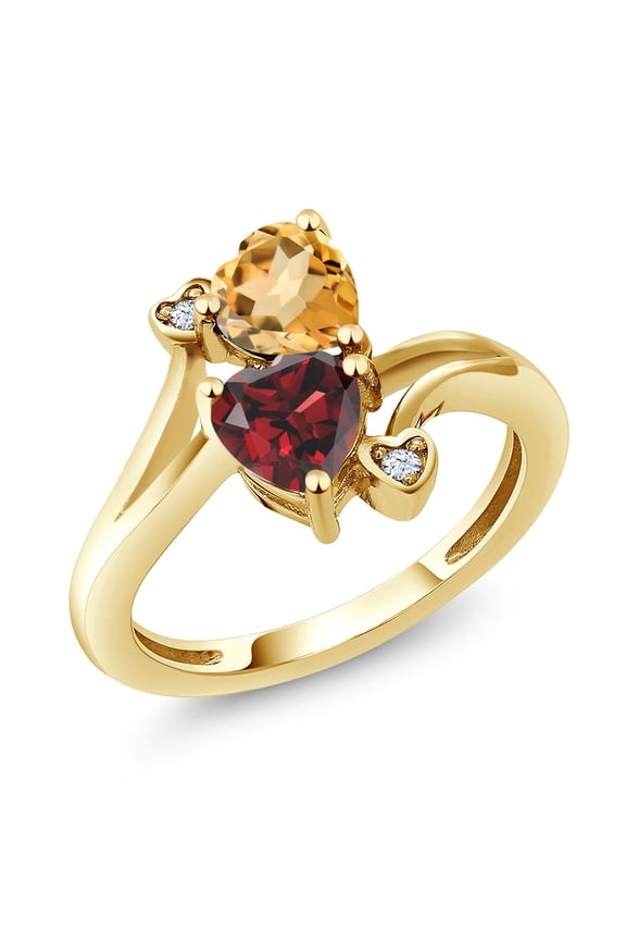 18K Yellow Gold Plated Silver Yellow Citrine Red Garnet Ring for Women (1.63 Cttw, Heart Shape 6MM, Gemstone November Birthstone, Size 5)