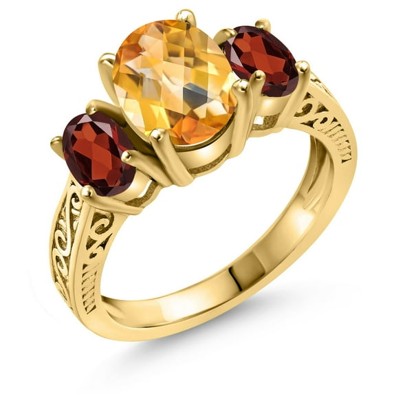 18K Yellow Gold Plated Silver Yellow Citrine and Red Garnet Ring for Women | 2.70 Cttw | Gemstone Birthstone | Three Stone Wedding Engagement Anniversary Promise Ring for Women | Size 6