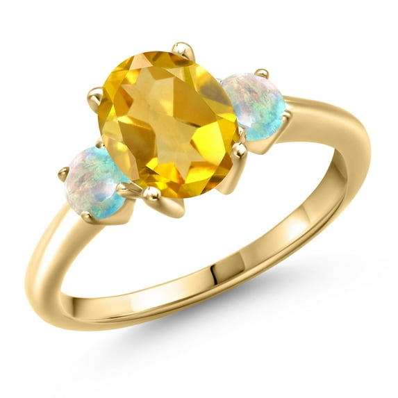Gem Stone King 18K Yellow Gold Plated Silver Yellow Citrine and Simulated White Opal Engagement Ring for Women | 2.00 Cttw | Oval 9X7MM | Gemstone November Birthstone | Size 8