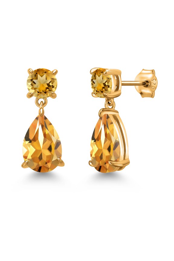 18K Yellow Gold Plated Silver Yellow Citrine Teardrop Dangle Drop Earrings for Women (7.38 Cttw, Gemstone Birthstone, Pear Shape 12x8MM, Round 6MM)