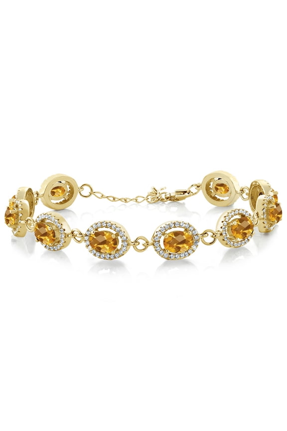 18K Yellow Gold Plated Silver Yellow Citrine Tennis Bracelet for Women (9.88 Cttw, Gemstone November Birthstone, Oval Checkerboard 7X5MM, 7.5 inch)