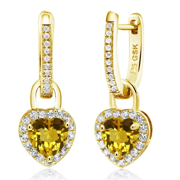 Gem Stone King 18K Yellow Gold Plated Silver Yellow Citrine and White Created Sapphire Dangle Earrings for Women (1.80 Cttw, Gemstone November Birthstone, Heart Shape 6MM)