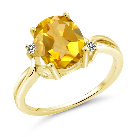 Gem Stone King 18K Yellow Gold Plated Silver Yellow Citrine and White Diamond 3-Stone Ring for Women | 2.43 Cttw | Oval 10X8MM | Gemston Birthstone | Wedding Engagement Anniversary Ring | Size 9