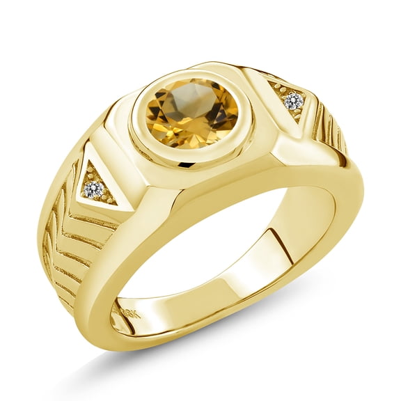Gem Stone King 18K Yellow Gold Plated Silver Yellow Citrine and White Diamond Ring for Men | 1.53 Cttw | Round 8MM | Gemstone November Birthstone | Size 12