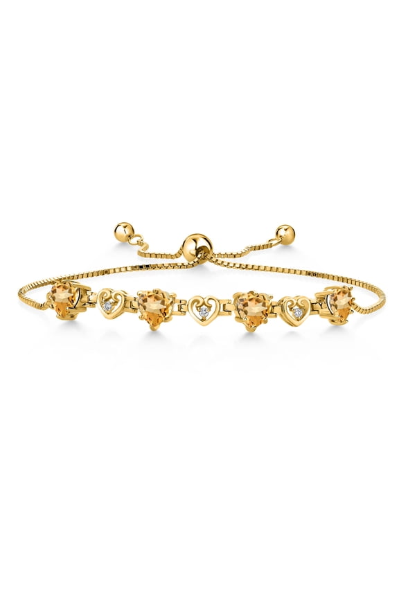 18K Yellow Gold Plated Silver Yellow Citrine and White Lab Grown Diamond Bracelet for Women (2.64Cttw, Gemstone November Birthstone, Heart Shape 6X6MM, Fully Adjustable up to 9 inches)