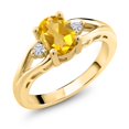 thumbnail image 1 of Gem Stone King 18K Yellow Gold Plated Silver Yellow Citrine and White Moissanite 3 Stone Engagement Ring for Women | 1.38 Cttw | Oval 8X6MM | Round 2MM | Gemstone November Birthstone | Size 5, 1 of 6
