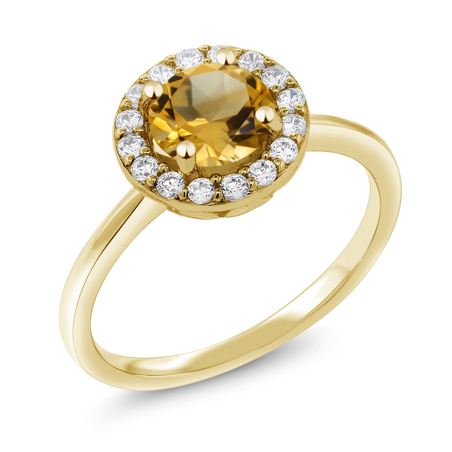 Gem Stone King 18K Yellow Gold Plated Silver Yellow Citrine and White Moissanite Halo Engagement Ring for Women (1.43 Cttw, Gemstone November Birthstone, Round 7MM, Size 7)