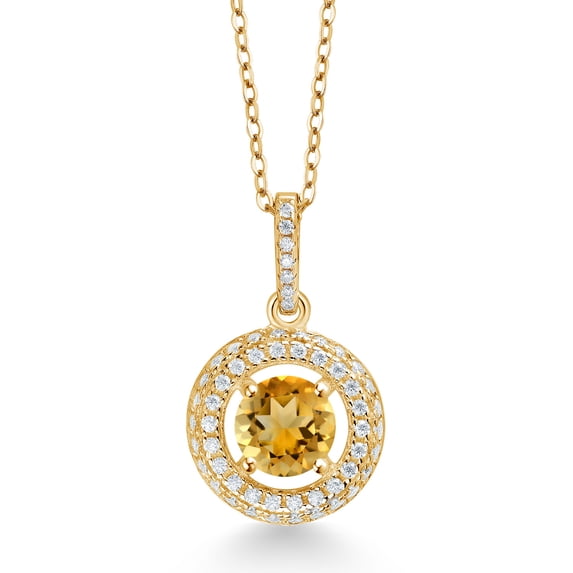 Gem Stone King 18K Yellow Gold Plated Silver Yellow Citrine and White Moissanite Pendant Necklace for Women (1.05 Cttw, November Birthstone, Round 6MM, 18" Silver Chain)